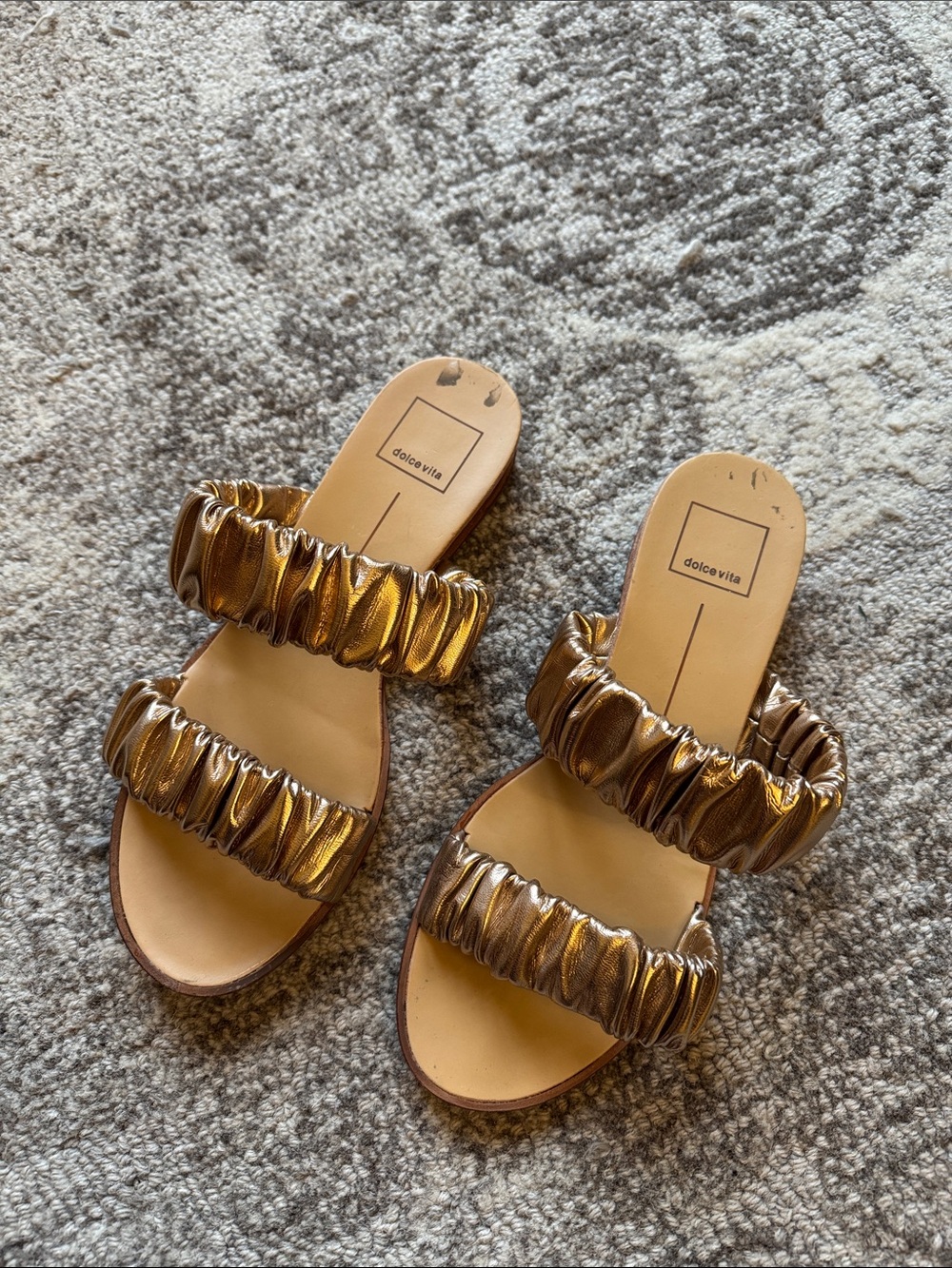Dolce Vita Metallic Gold Ruched Double-Strap Slide Sandals rose gold 8